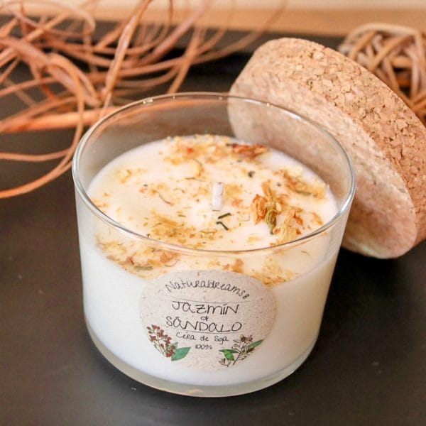 Vela natural de cera de soja jazmín y sándalo
